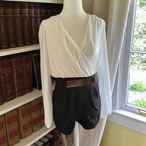 Women’s Long Sleeve Classic Dressy Black and White Romper Size Small Belted